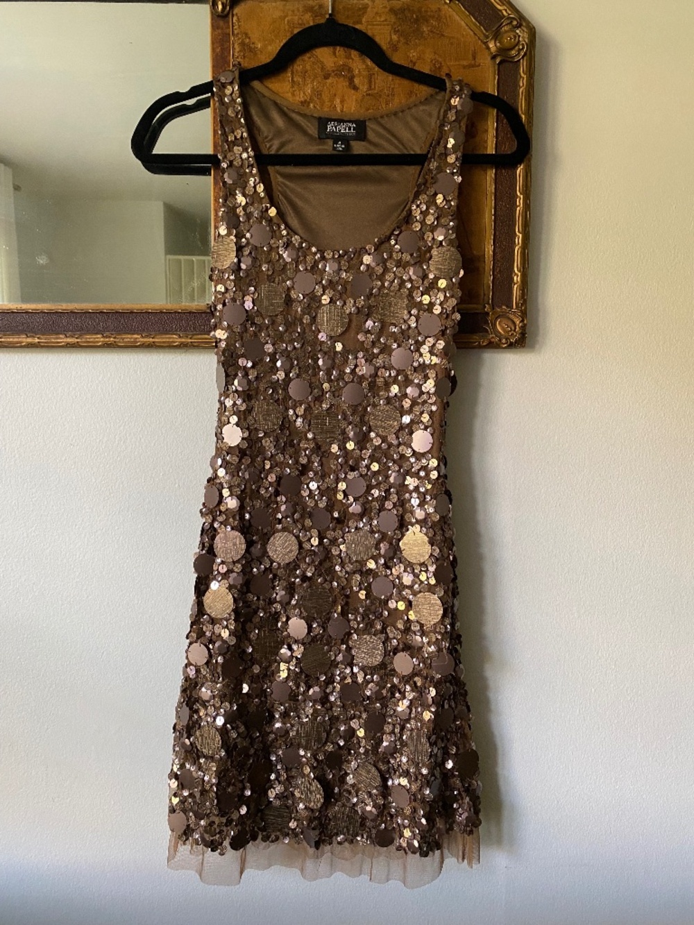 Vintage y2k Brown Gold Sequin Paillette Mini Dress Party Boho Size 4 *read*